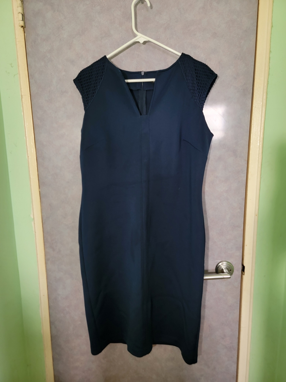 SLNY Navy Midi Sheath Dress with Cap Sleeves